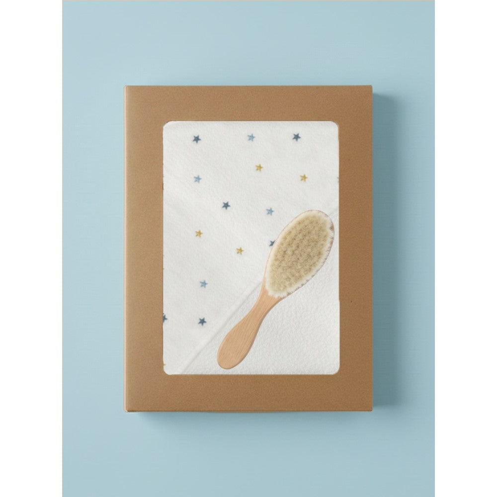 Mama Yoyo Bebek Doğal Fırça + Banyo Havlusu Yıldız Desenli 90x90 cm Ekru