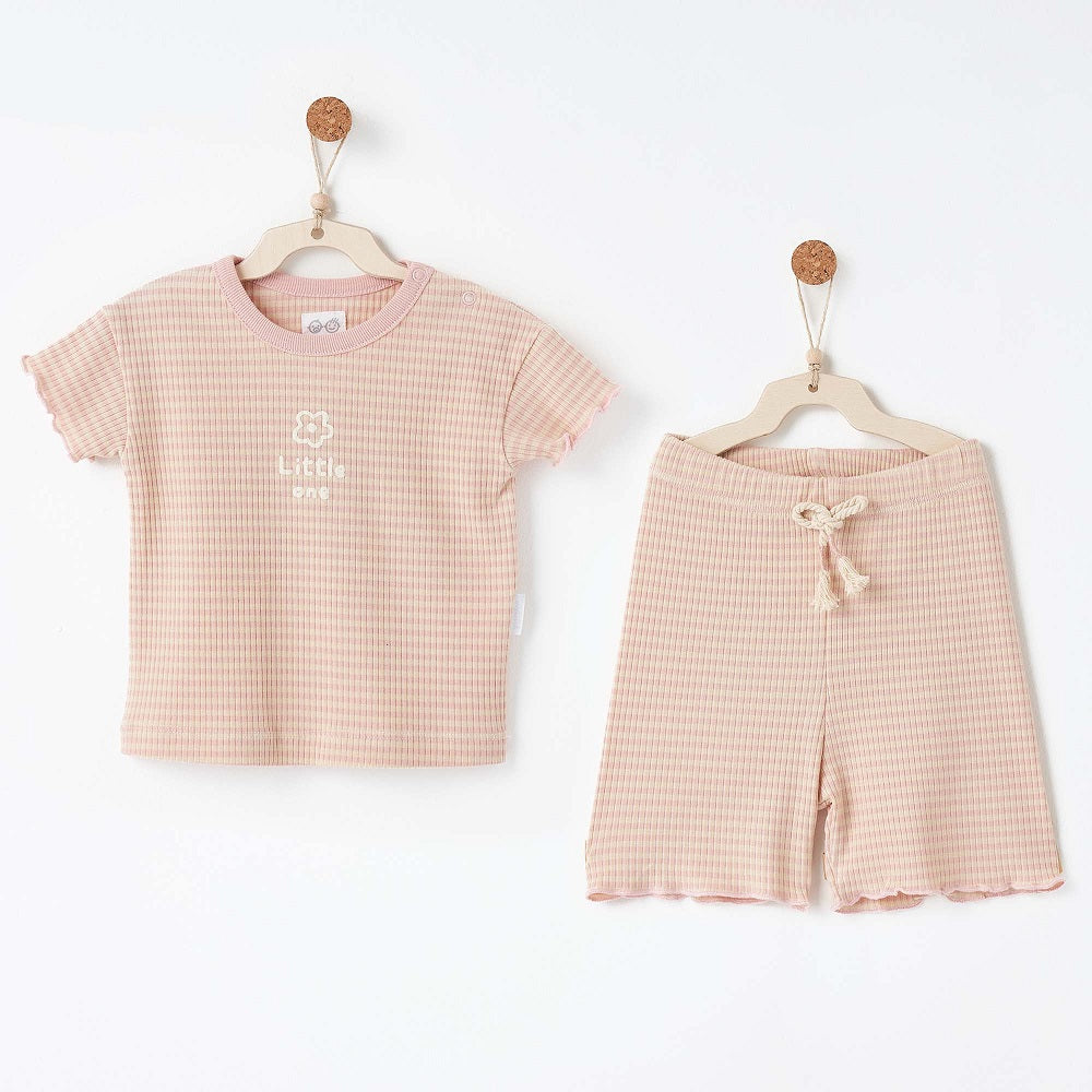 Andy Wawa Andywawa Yazlık Kız Bebek Kısa Kol T-shirt Şort 2'li Set- Bamboo Striped Pembe - Şort, Şort Takımı
