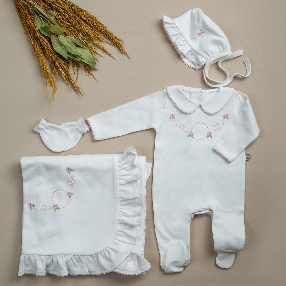 ChiMayys Baby Royal Pembe Rokoko El Nakışlı Organik 5'li Hastane Çıkışı Beyaz