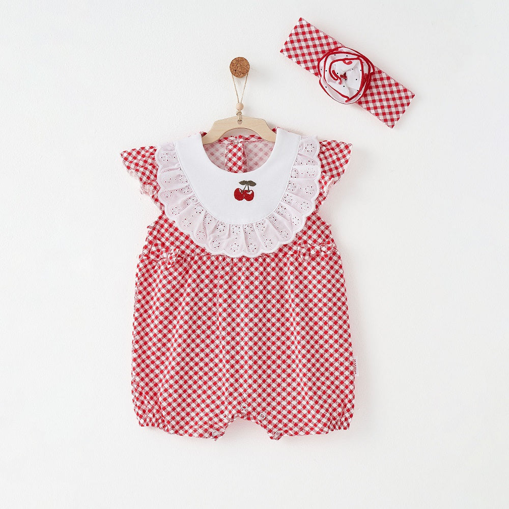 Andy Wawa Andywawa Kız Bebek Yazlık Tulum Bandana Set - Cherry Chatty Kırmızı - Body,Tulum,Zıbın