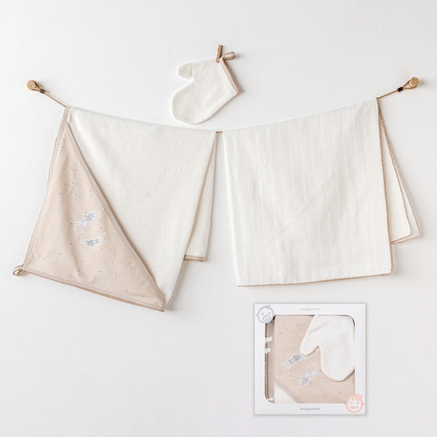 Andywawa Bebek Banyo Havlu 3'lü Set Happy Everyday Ekru