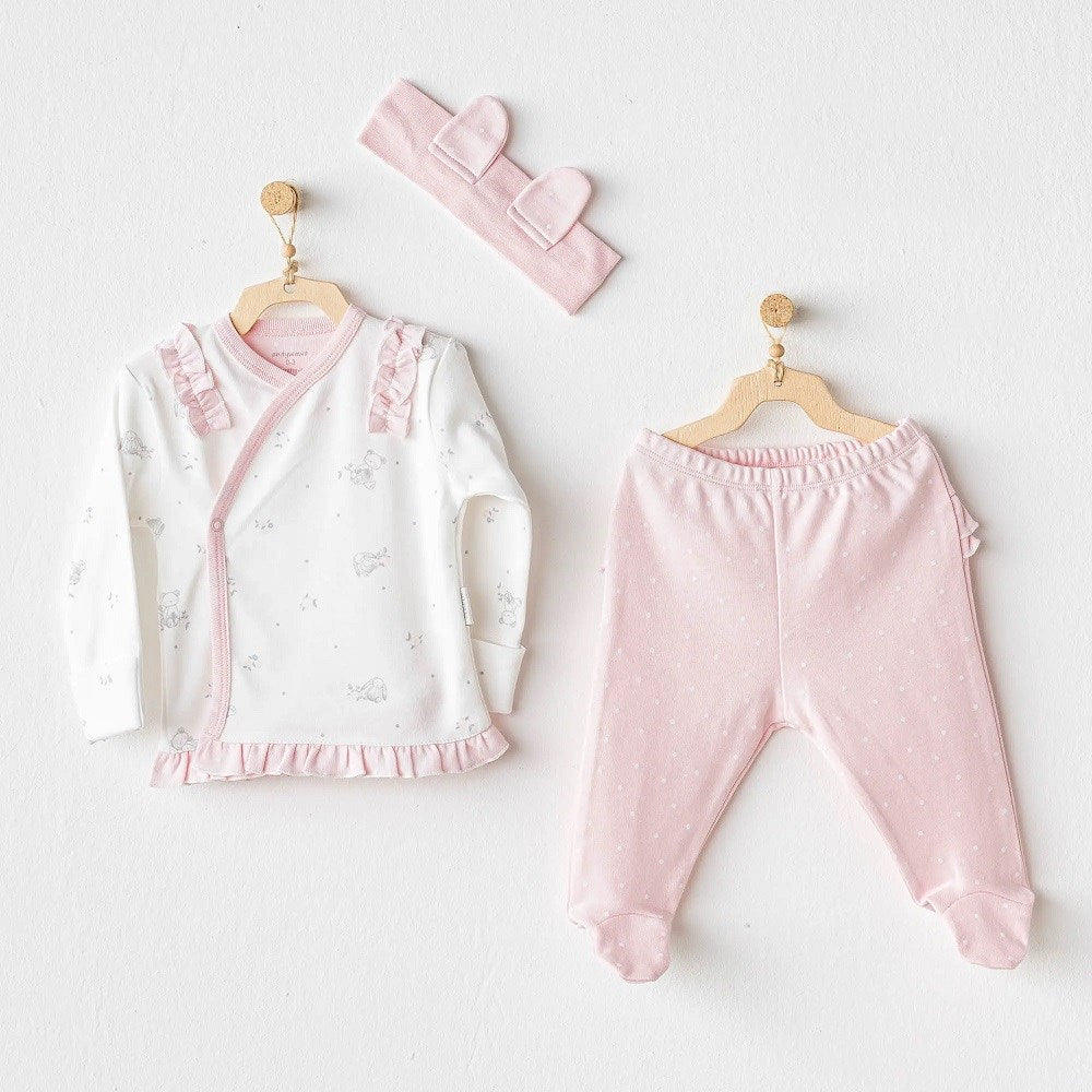 Andywawa Bebek Patikli Zıbın Bandana Takım 3'lü Set - Bunny Bear Pembe