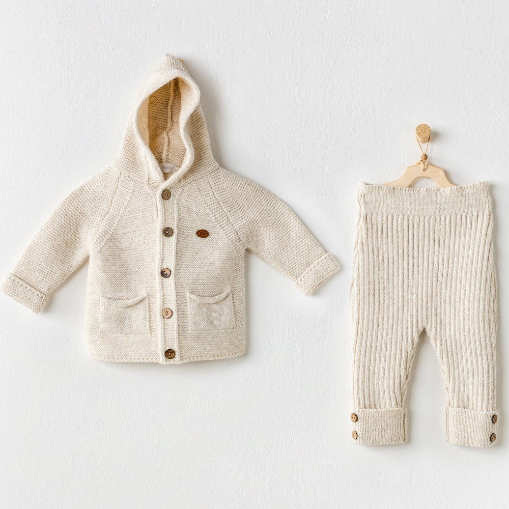 Andywawa Kışlık Erkek Bebek Örme Kapşonlu Ceket Pantolon 2'li Set Gri