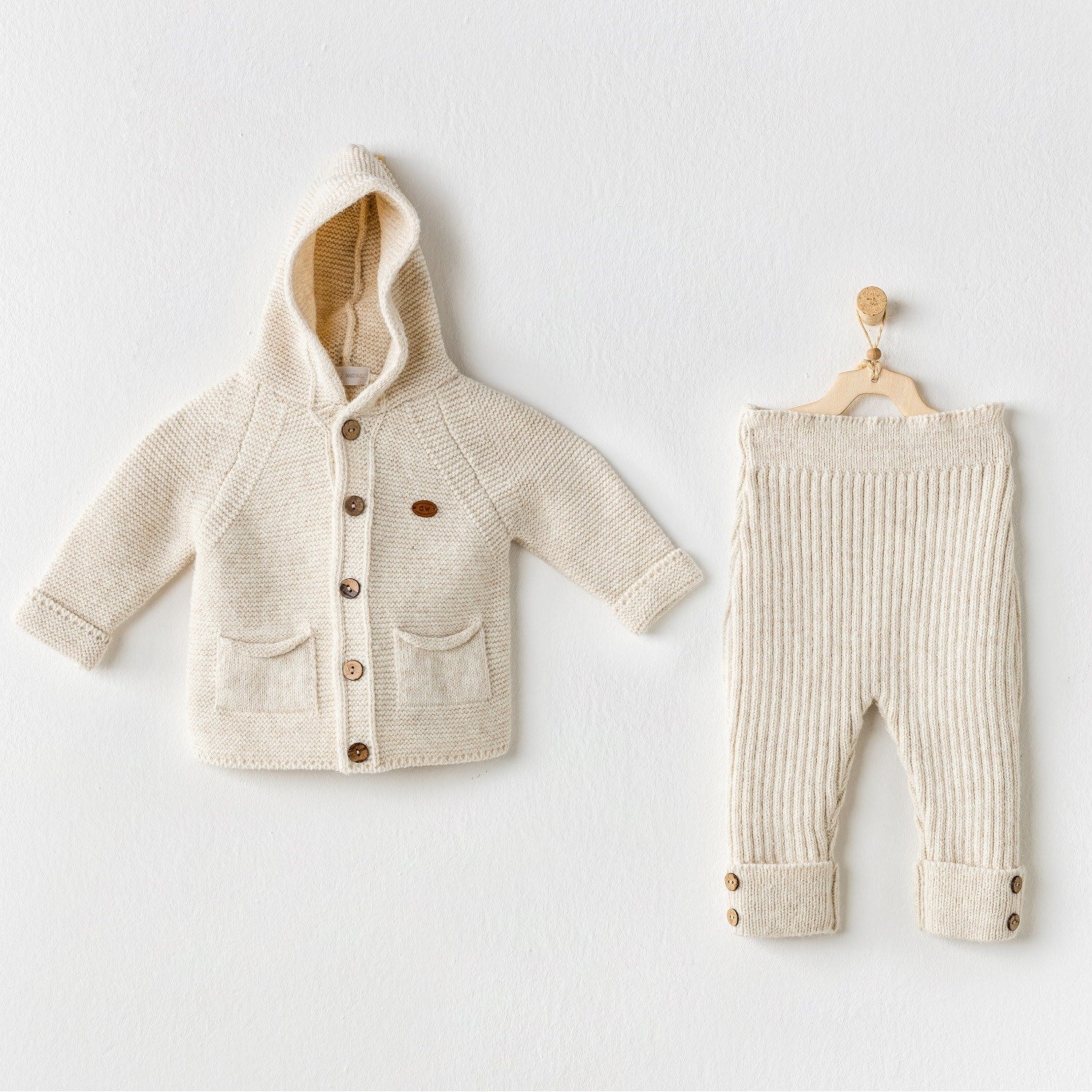 Andywawa Kışlık Erkek Bebek Örme Kapşonlu Ceket Pantolon 2'li Set Bej