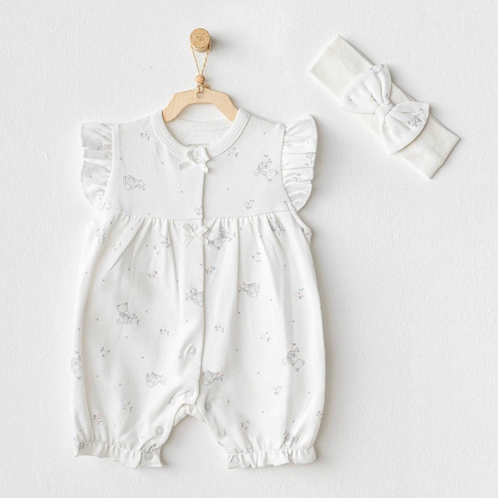 Andywawa Kız Bebek Yazlık Tulum ve Bandana 2'li Set - Bunny Bear Ekru