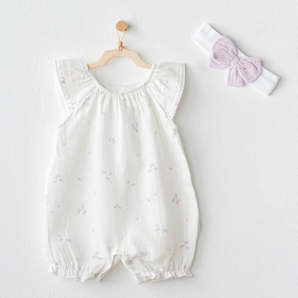 Andywawa Kız Bebek Yazlık Tulum ve Bandana 2'li Set - Butterfly Ekru
