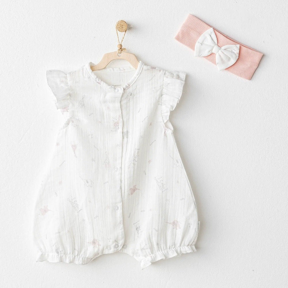 Andywawa Kız Bebek Yazlık Tulum ve Bandana 2'li Set - Love Family Somon