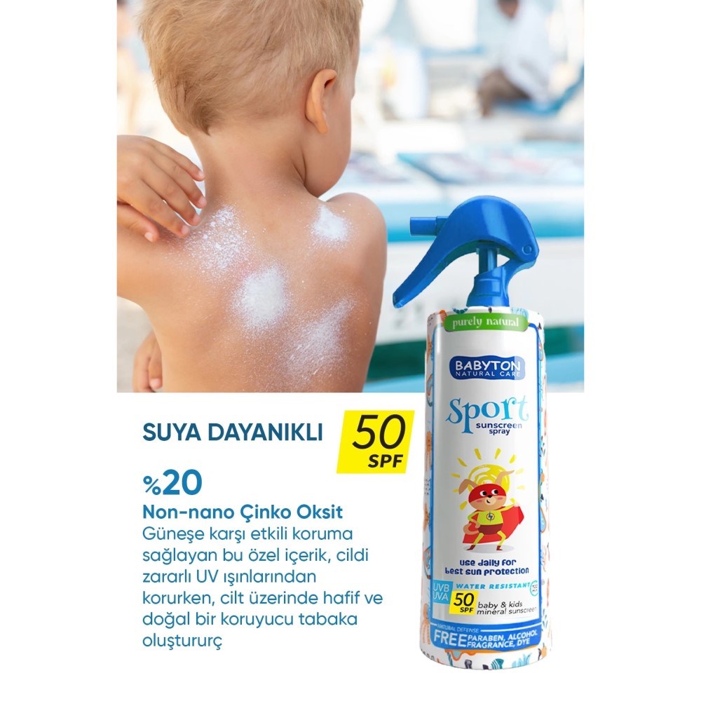 Babyton Bebek ve Çocuklar İçin Suya Dayanıklı Güneş Koruyucu Sprey 200 ml 50 SPF
