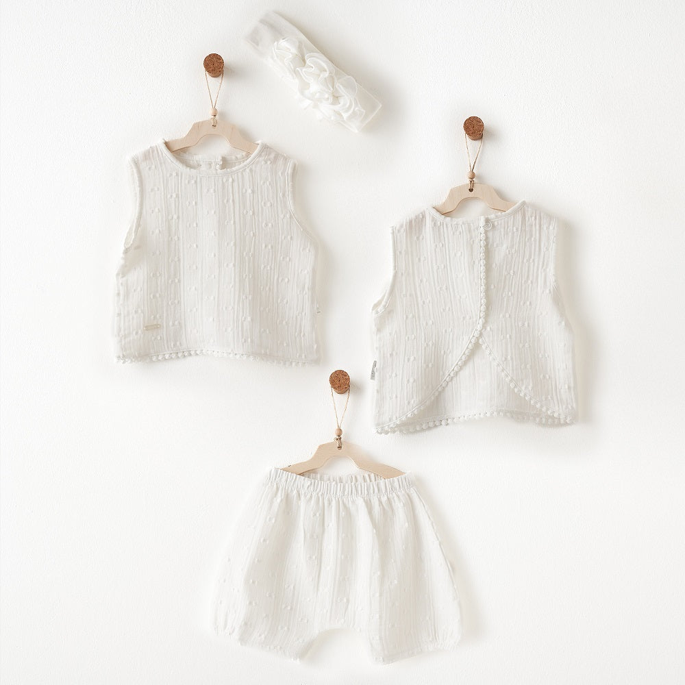 Andy Wawa Andywawa Yazlık Kız Bebek Bluz Şort Bandana Set Ekru - Şort, Şort Takımı