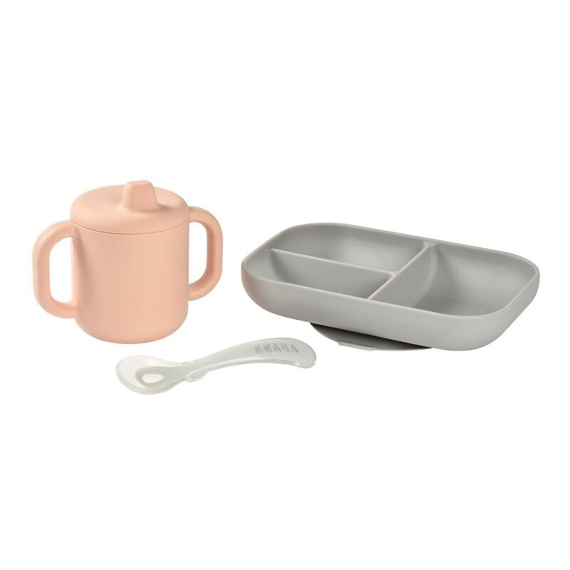 Beaba Bölmeli Öğrenme Yemek Tabak Seti (4 Parça- Pembe Bardak)