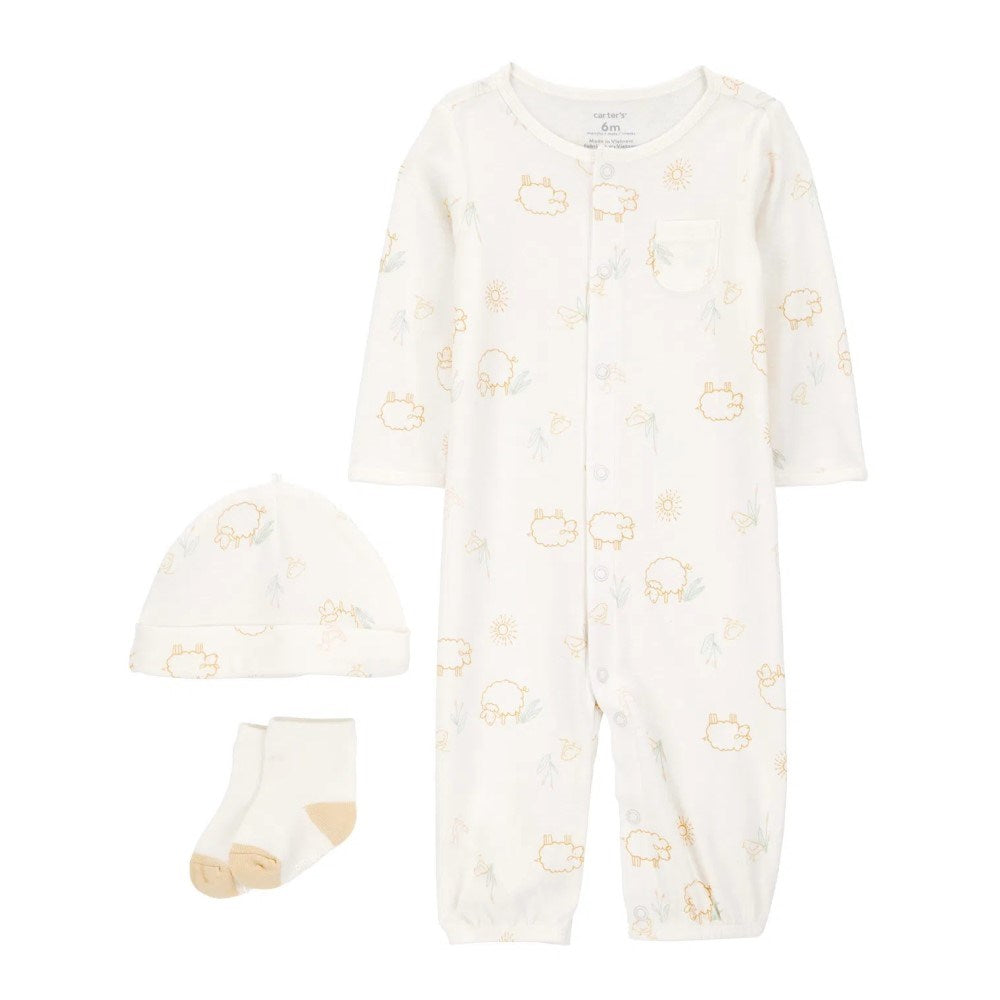 Carter's Kışlık Bebek Çorap Şapka Tulum 3'lü Set Ekru