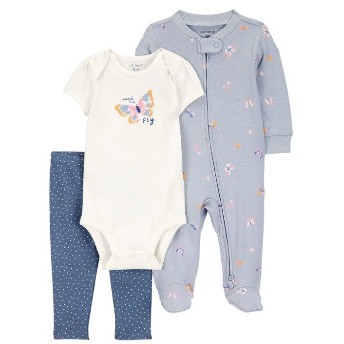 Carter's Kışlık Layette Kız Bebek Body Tulumlu 3'lü Set Mavi