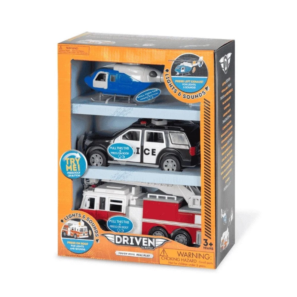 Driven 3'lü Set - Helikopter, Polis Arabası, İtfaiye Arabası STD - Oyuncak Araba