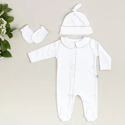 Mayys Baby Organik Bej Tığ İşi Süslemeli Yazlık 4'lü Hastane Çıkış Seti Beyaz