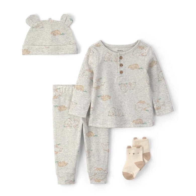 Carter's Erkek Bebek Body Pantolon Çorap Şapka 4'lü Set Gri