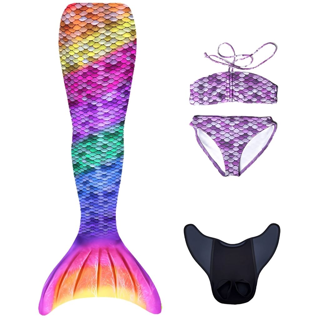 Kuaki Mermaids Deniz Kızı 4'lü Takım Bikini Kostüm Seti Rainbow Mor