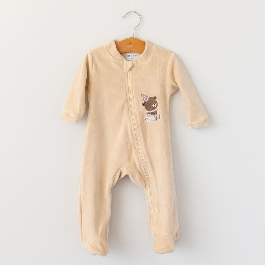 Mama Yoyo Baby Kadife Tulum Ayıcık Nakışlı Bej