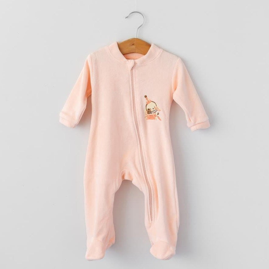 Mama Yoyo Baby Kadife Tulum Tavşan  Nakışlı Pembe