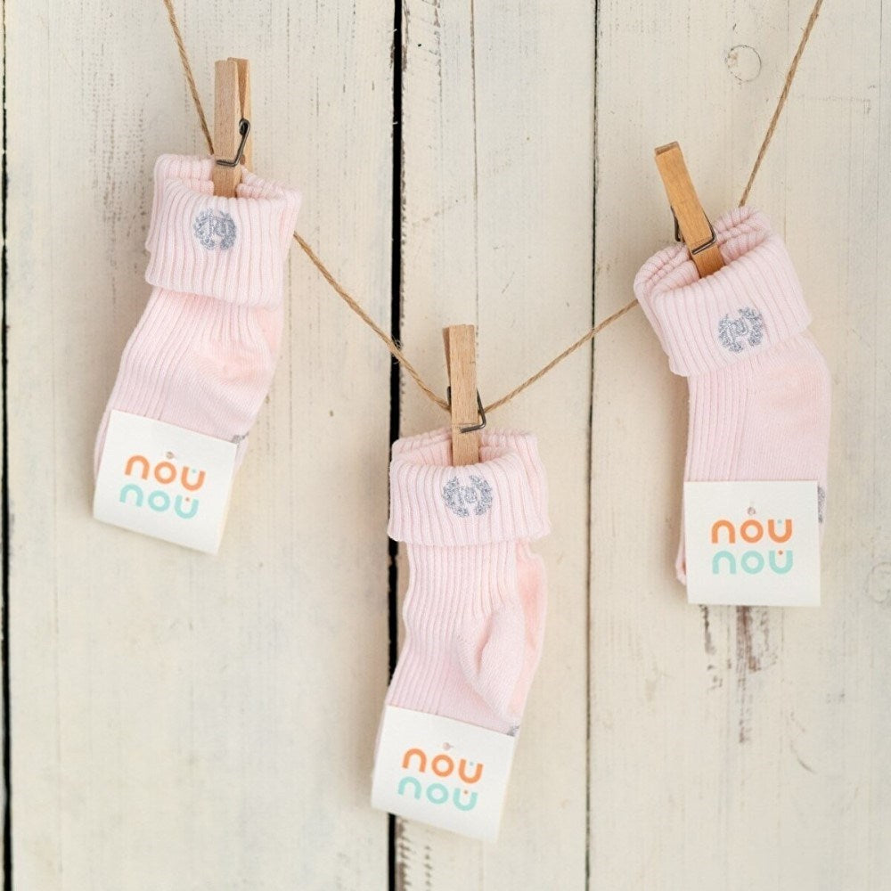Mama Yoyo Nou Nou 3'lü Mavi Bebek Çocuk Arma Nakışlı Çorap Açık Pembe