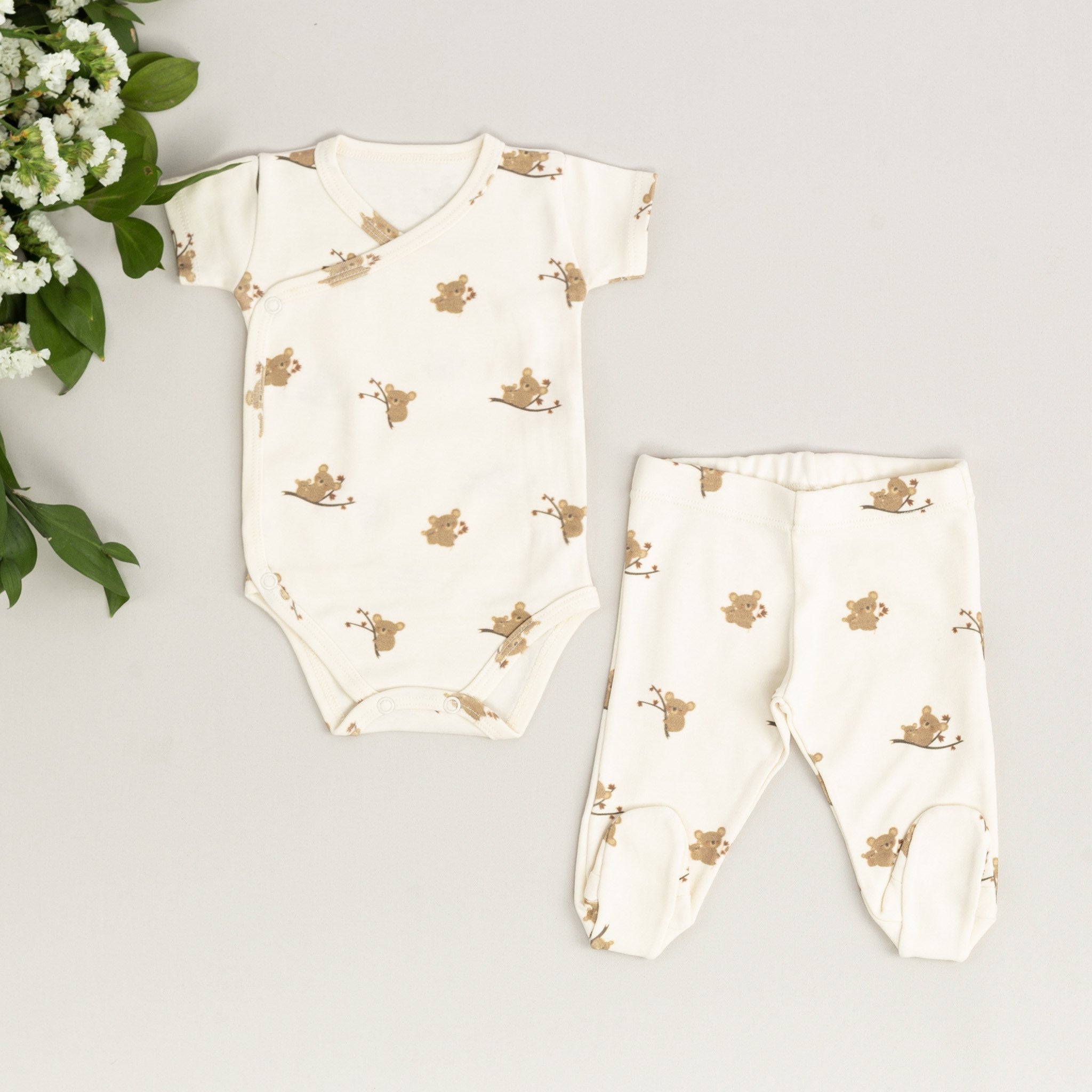 Mayys Baby Bebek Koala Kısa Kollu Zarf Zıbın ve Patikli Alt 2'li Set Krem