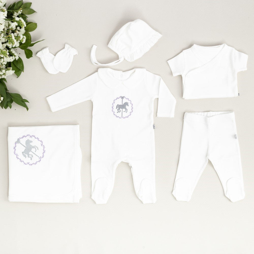 Mayys Baby Bebek Royal Atlı Karınca Nakışlı 7'li Hastane Çıkış Seti Lila