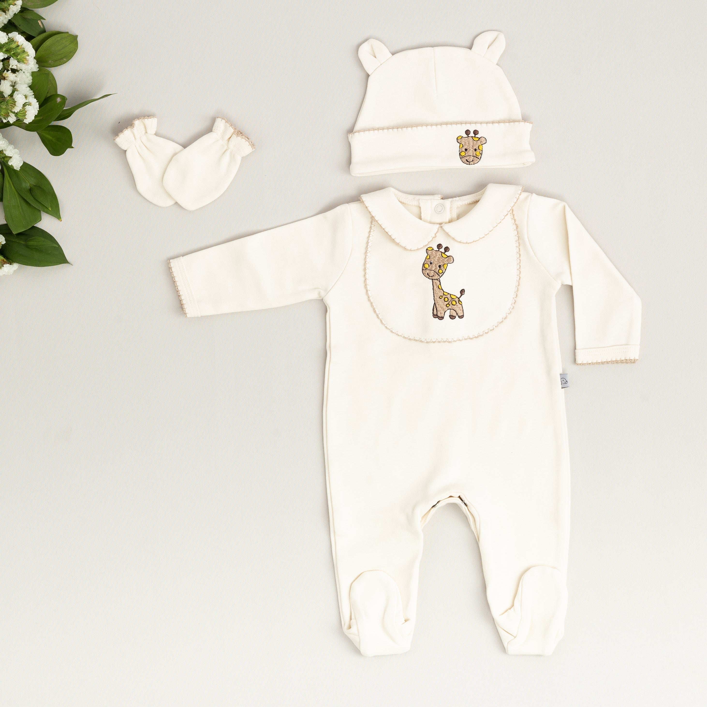 Mayys Baby Bebek Zürafa Nakışlı 4'lü Hastane Çıkış Seti Bej