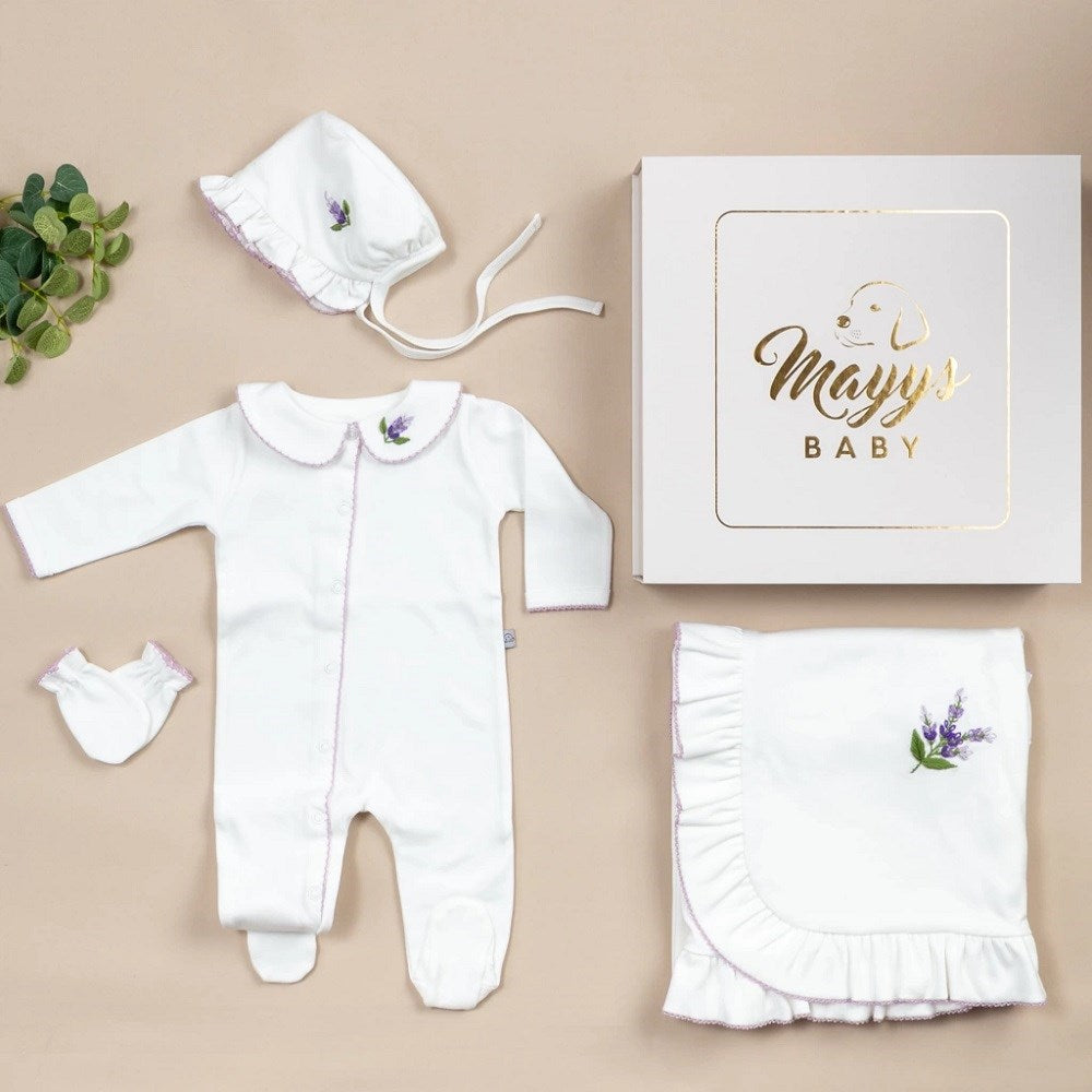 Mayys Baby Elegant Lila Tığ İşi Süslemeli Vioala El Nakışlı 5'li Organik Hastane Çıkış Seti Ekru