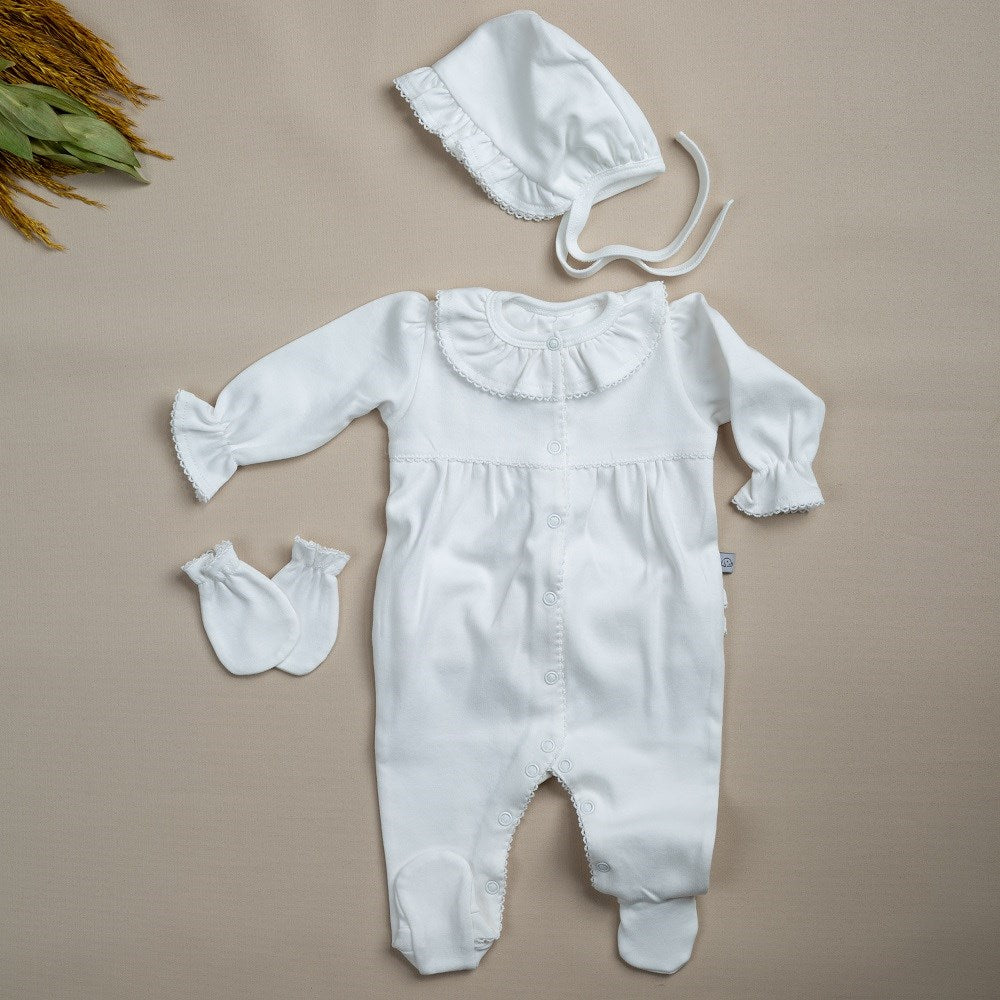 Mayys Baby Kız Bebek Organik Elegant Beyaz Tığ İşi Süslemeli 9'lu Hastane Çıkış Seti Ekru