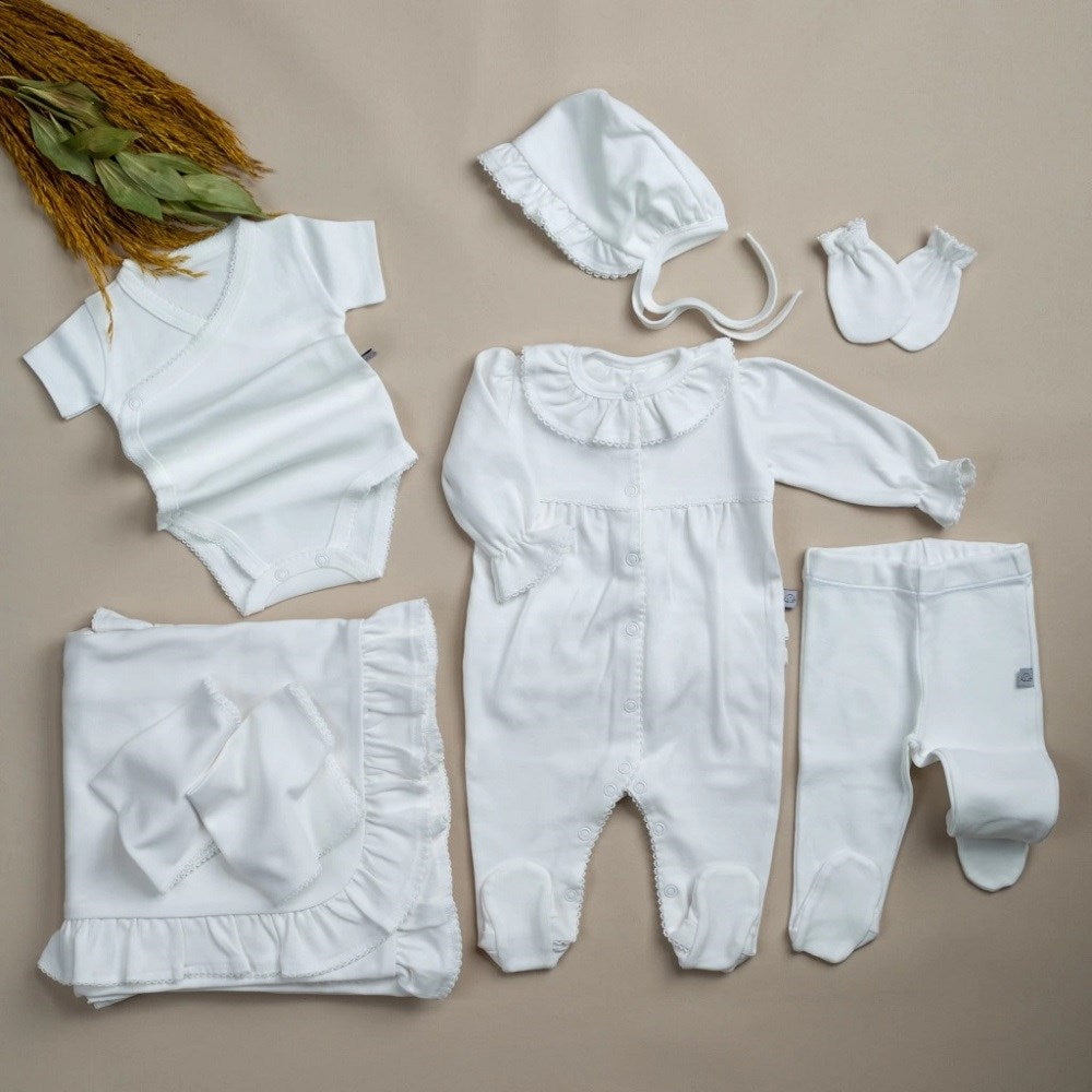 Mayys Baby Kız Bebek Organik Elegant Beyaz Tığ İşi Süslemeli 9'lu Hastane Çıkış Seti Ekru