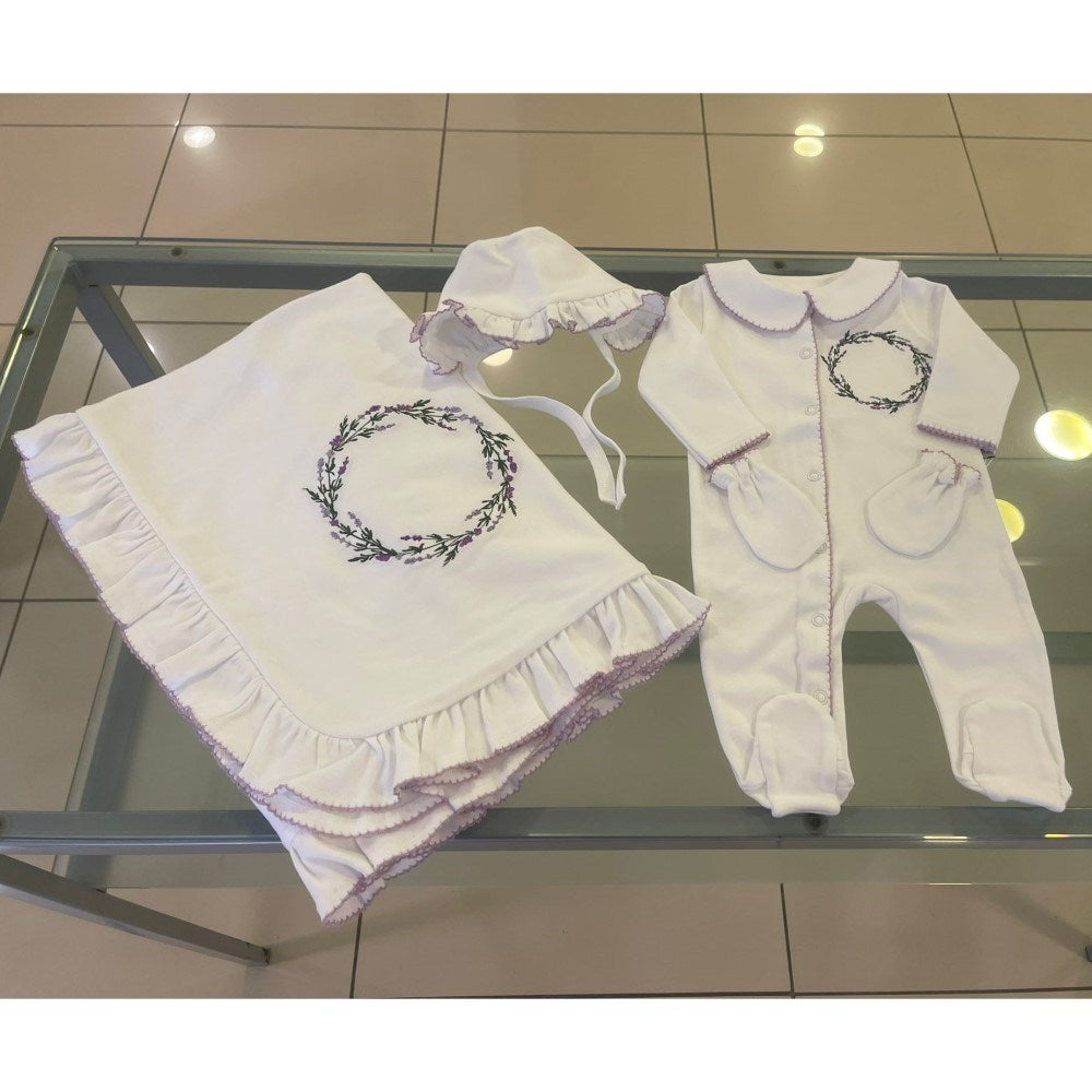 Mayys Baby Kroşetalı Çelenk Nakışlı 5'li Hastane Çıkış Seti Lila