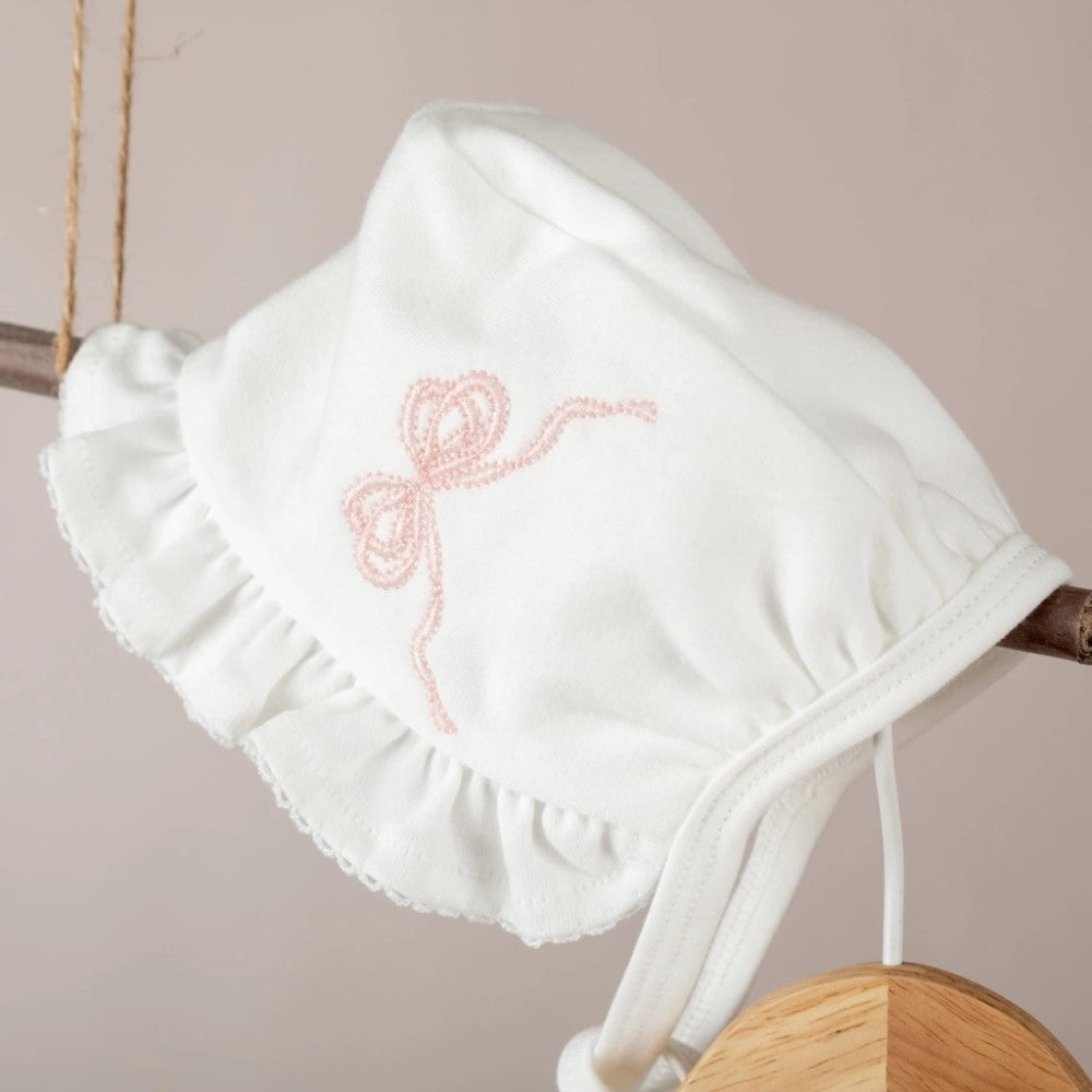 Mayys Baby Nazenin Pembe Fiyonk Nakışlı Ekru Tığ işi Süslemeli Organik 8'li Hastane Çıkış Seti Krem