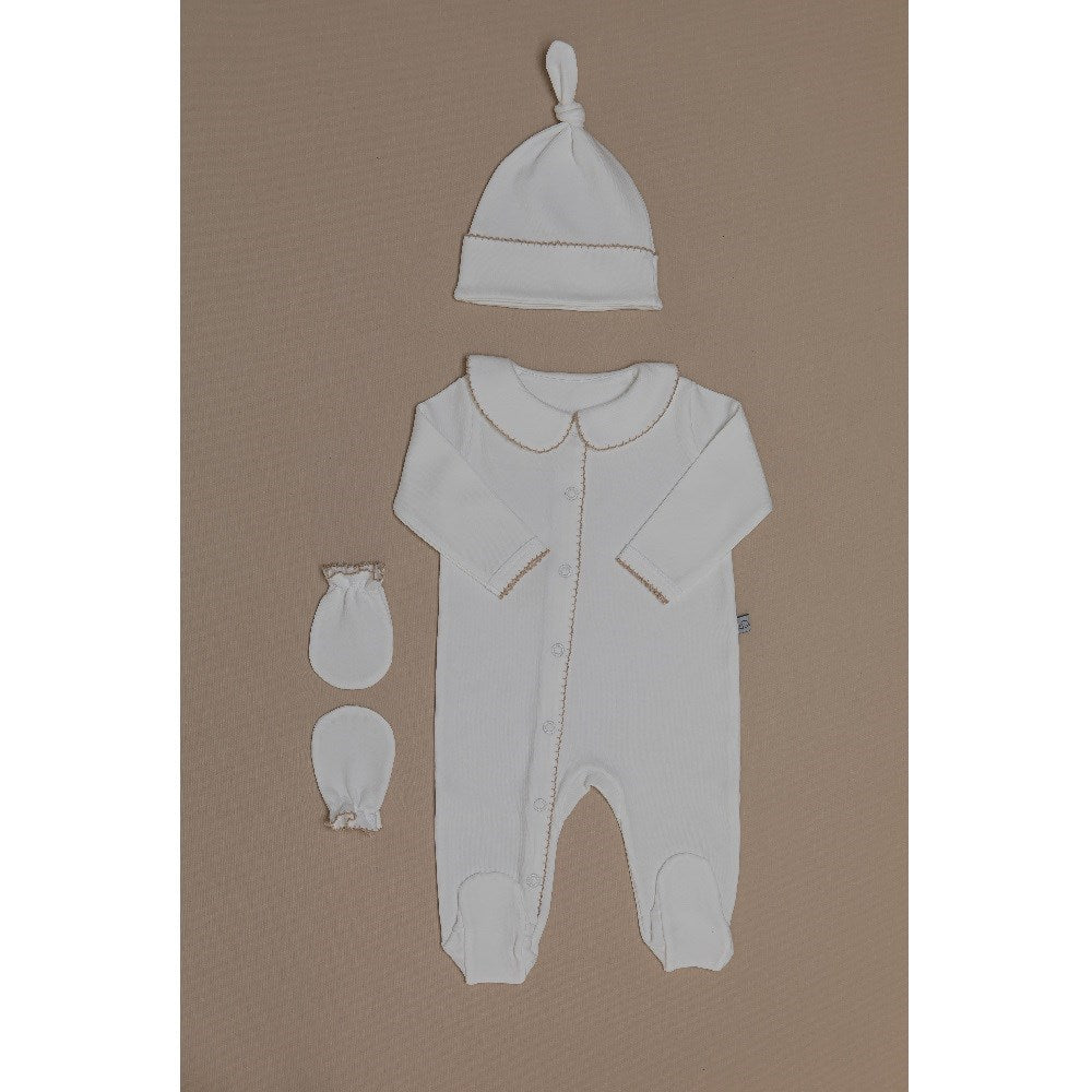 Mayys Baby Organik Bej Tığ İşi Süslemeli Yazlık 4'lü Hastane Çıkış Seti Beyaz