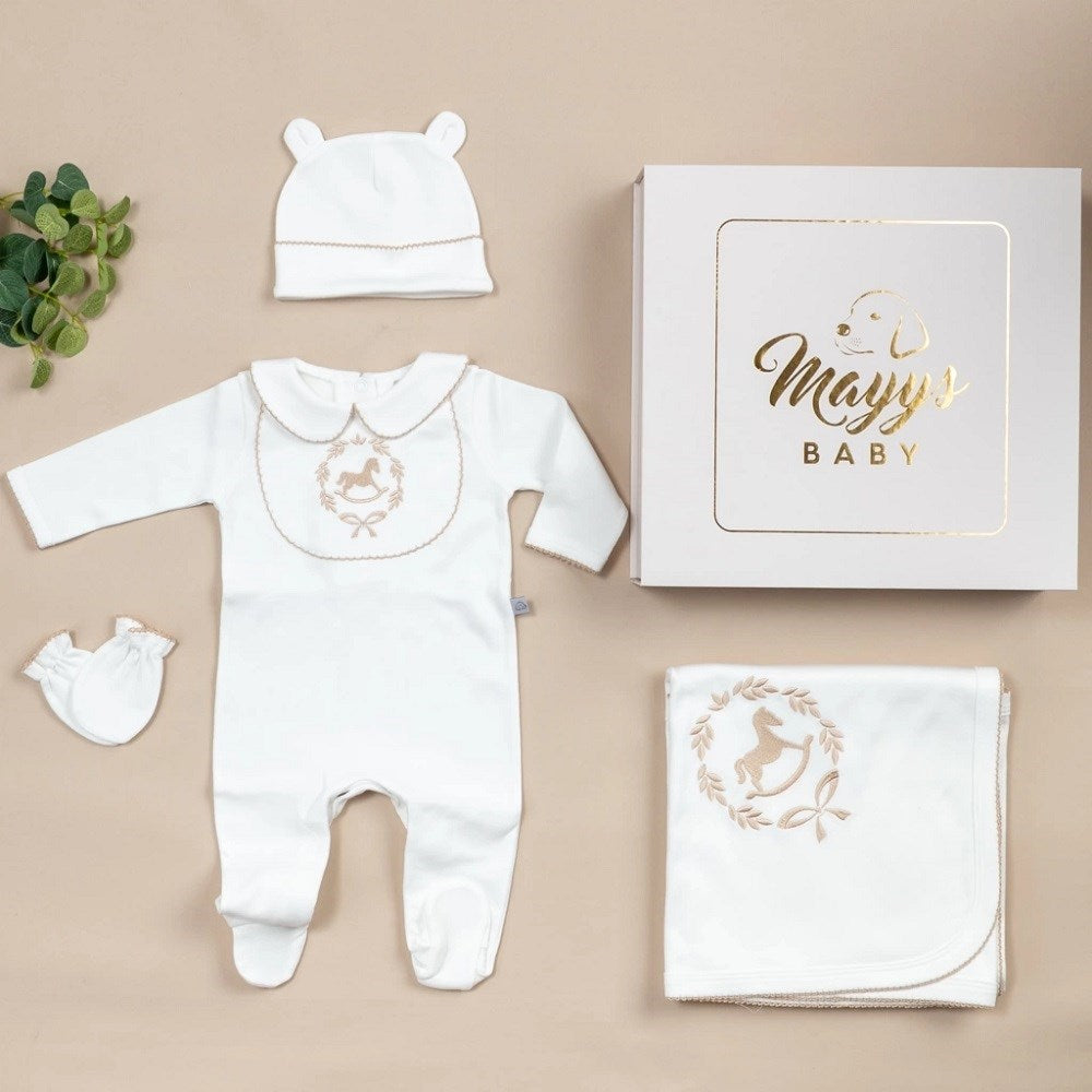 Mayys Baby Royal Bej Tığ İşi Süslemeli Çelenkli At Nakışlı 5' li Organik Hastane Çıkış Seti Ekru