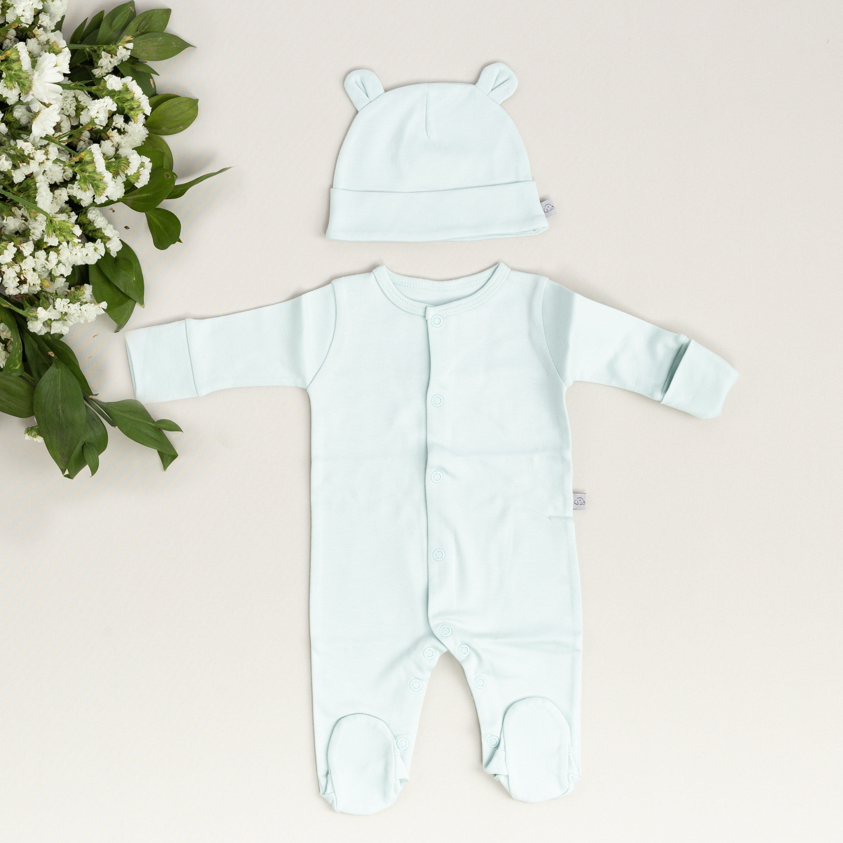 Mayys Baby Yazlık Bebek Organik Pamuklu Basic Patikli Tulum Şapka 2'li Set Mint