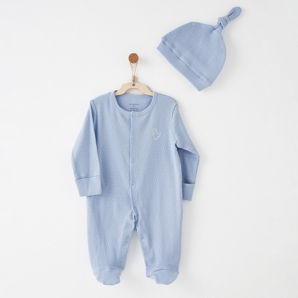 Andywawa Erkek Bebek Yazlık Tulum Şapka Set Mavi