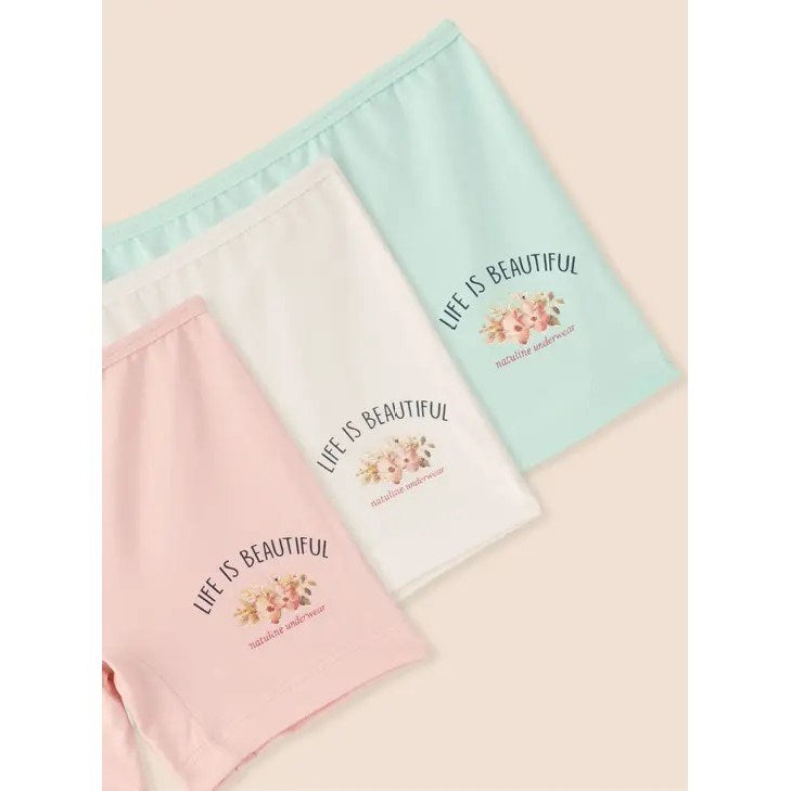 Natuline Organik Pamuklu Kız Çocuk Likralı 3 'lü Boxer- Beautifull Pembe