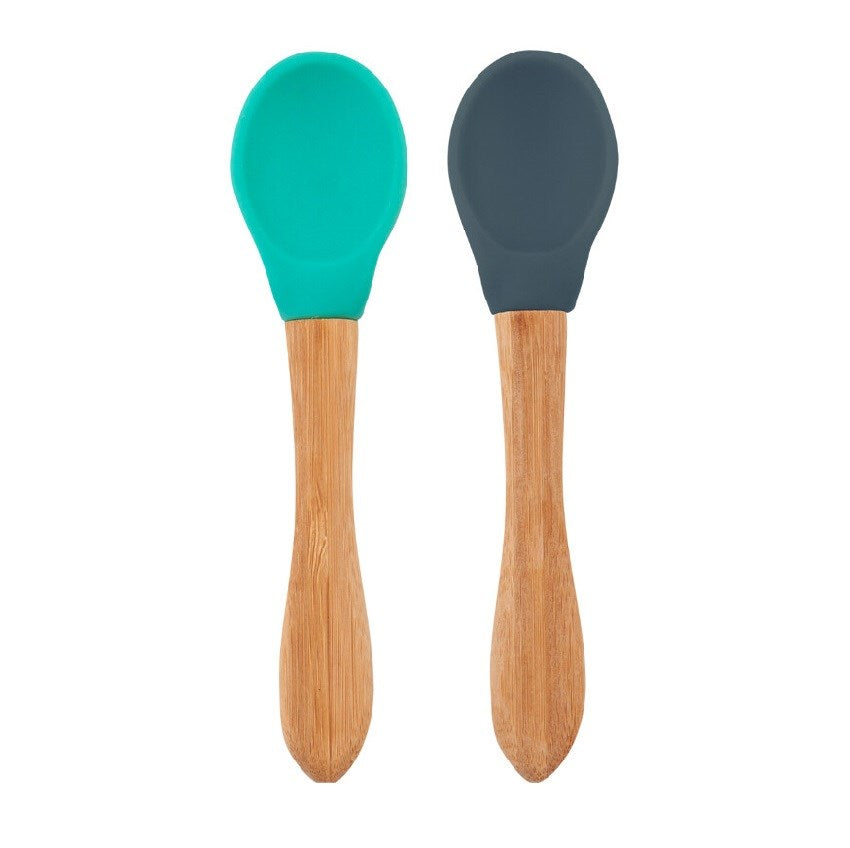 OiOi Silikon Mama Kaşığı 2'li Bambu Saplı Kaşık Aqua Green/Deep Blue STD