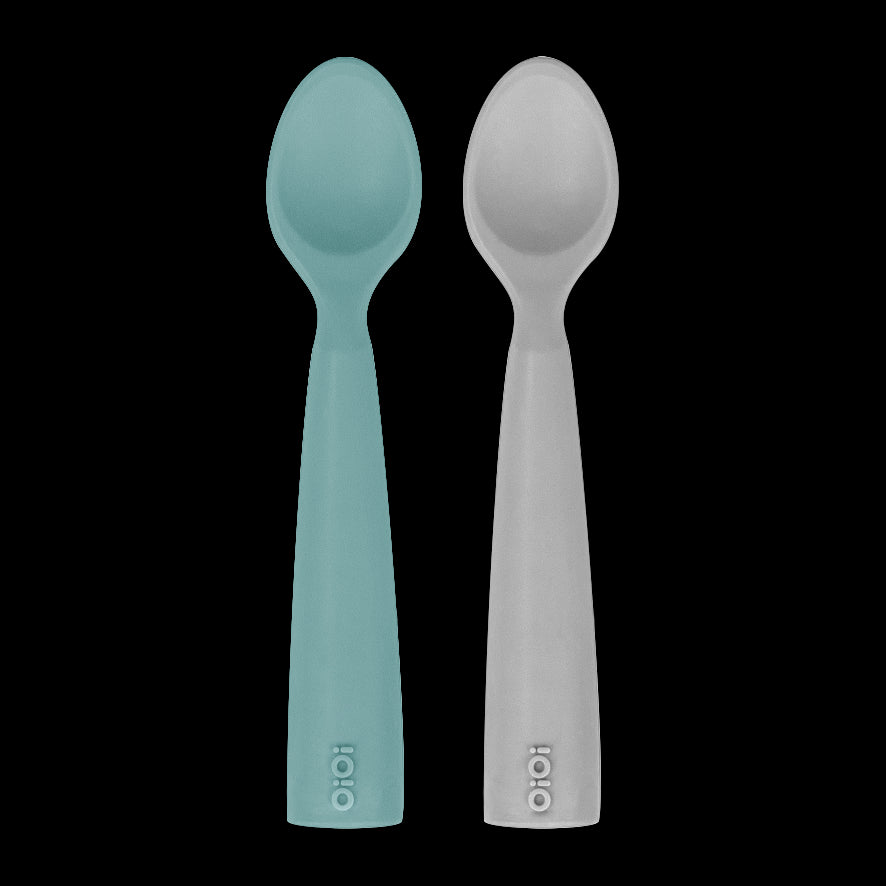 OiOi Silikon Mama Kaşığı Nam Nam 2'li Kaşık Aqua Green / Powder Grey