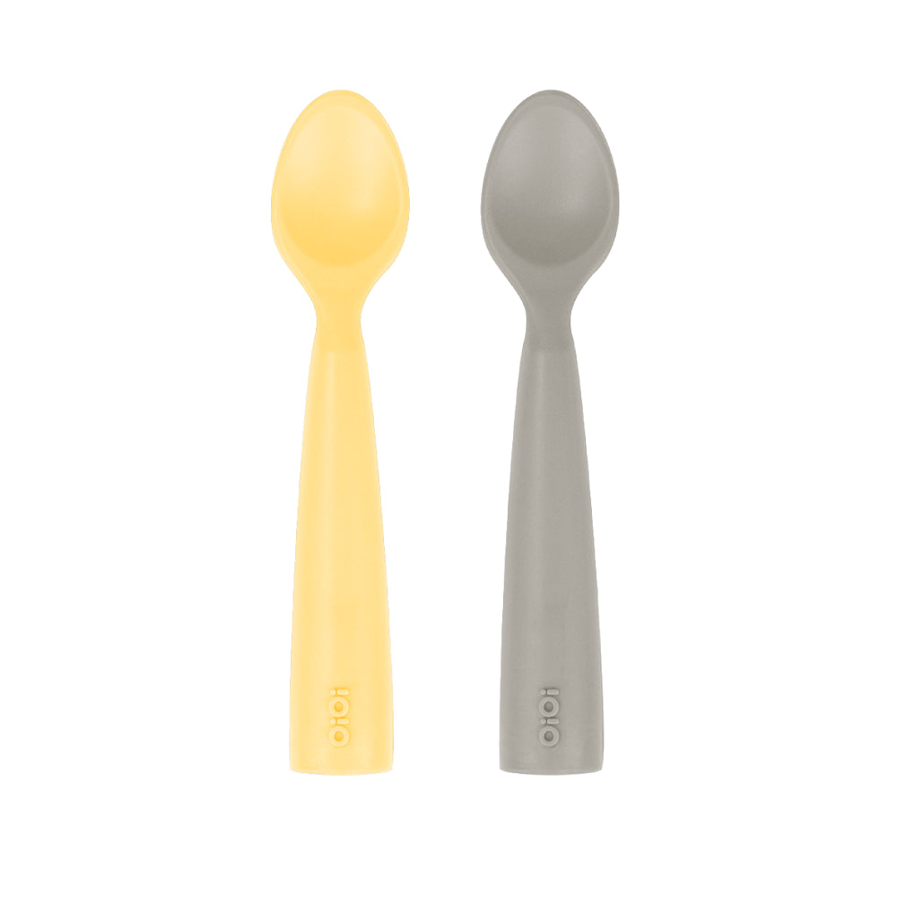 OiOi Silikon Mama Kaşığı Nam Nam 2'li Kaşık Mellow Yellow / Powder Grey