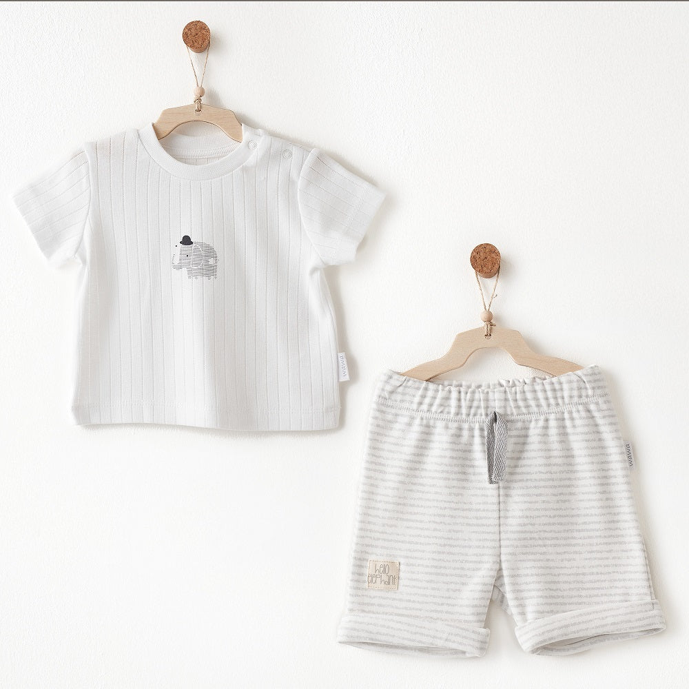 Andy Wawa Andywawa Yazlık Erkek Bebek Kısa Kol T-shirt Şort 2'li Set- Hello Elephant Beyaz - Şort, Şort Takımı