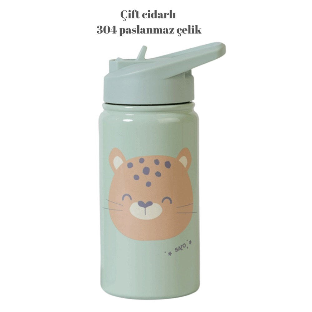 Saro Paslanmaz Çelik Pipetli Matara 350 ml - Jungle Cheetah