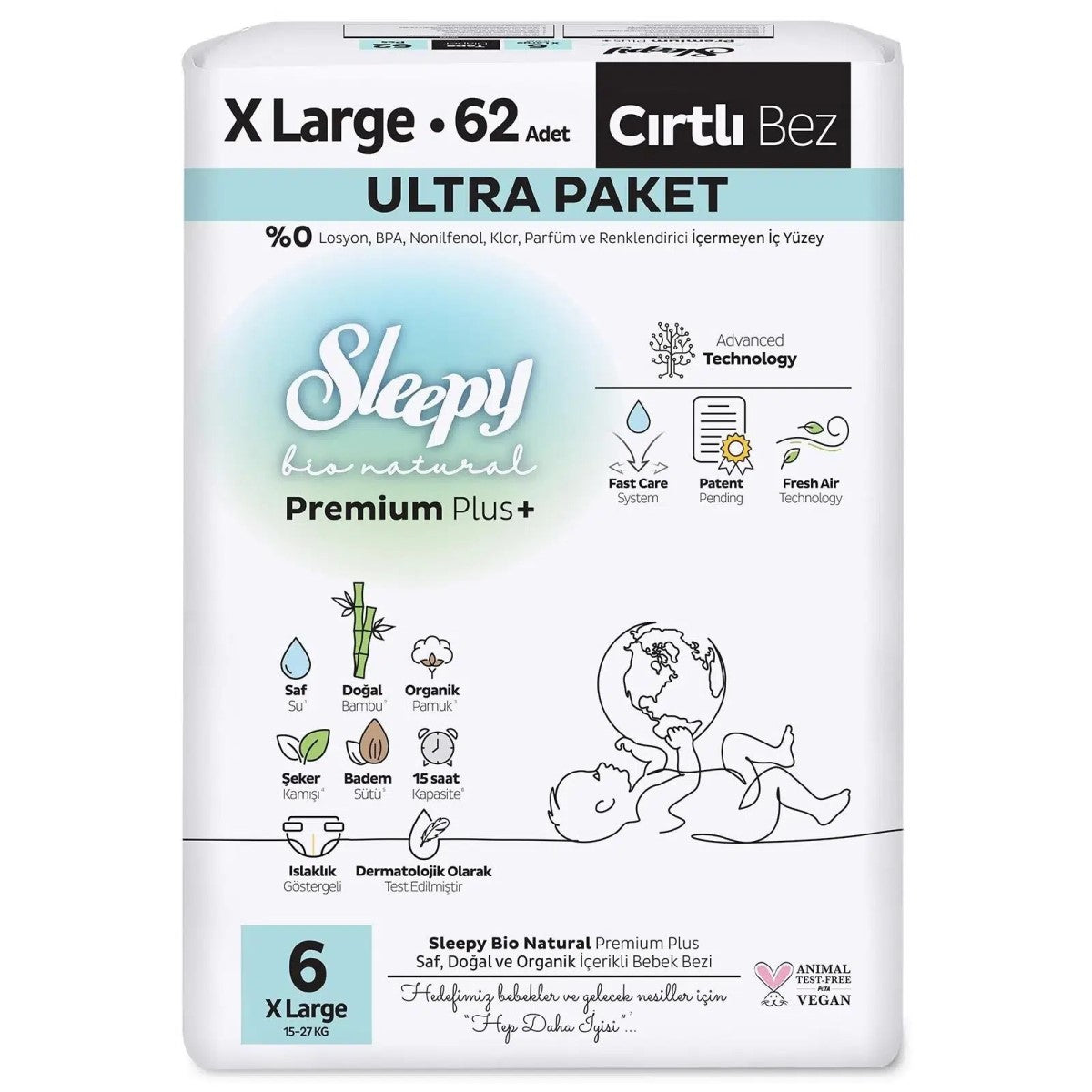Sleepy Bio Natural Ultra Paket Bebek Bezi 6 Numara Xlarge 62 Adet - Bebek Bezleri